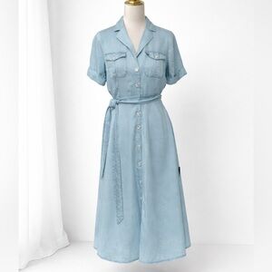 Lulus Chambray Button Front Midi Dress Tie Waist Blue NWT Small